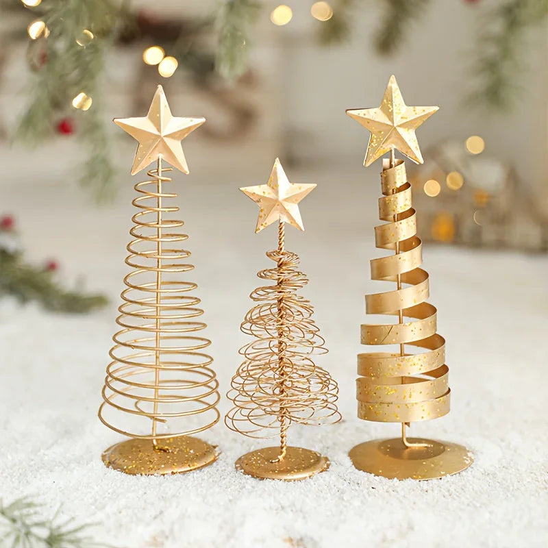 3pcs Scandinavian Vintage Golden Metal Christmas Trees - Mini Star Tabletop Decor, Nordic Luxe Holiday Decor for Home, Office & Party ArranSynthetic Gemstoneents, Christmas Decoration, Christmas Table Decor, Christmas Centerp House Of Avana
