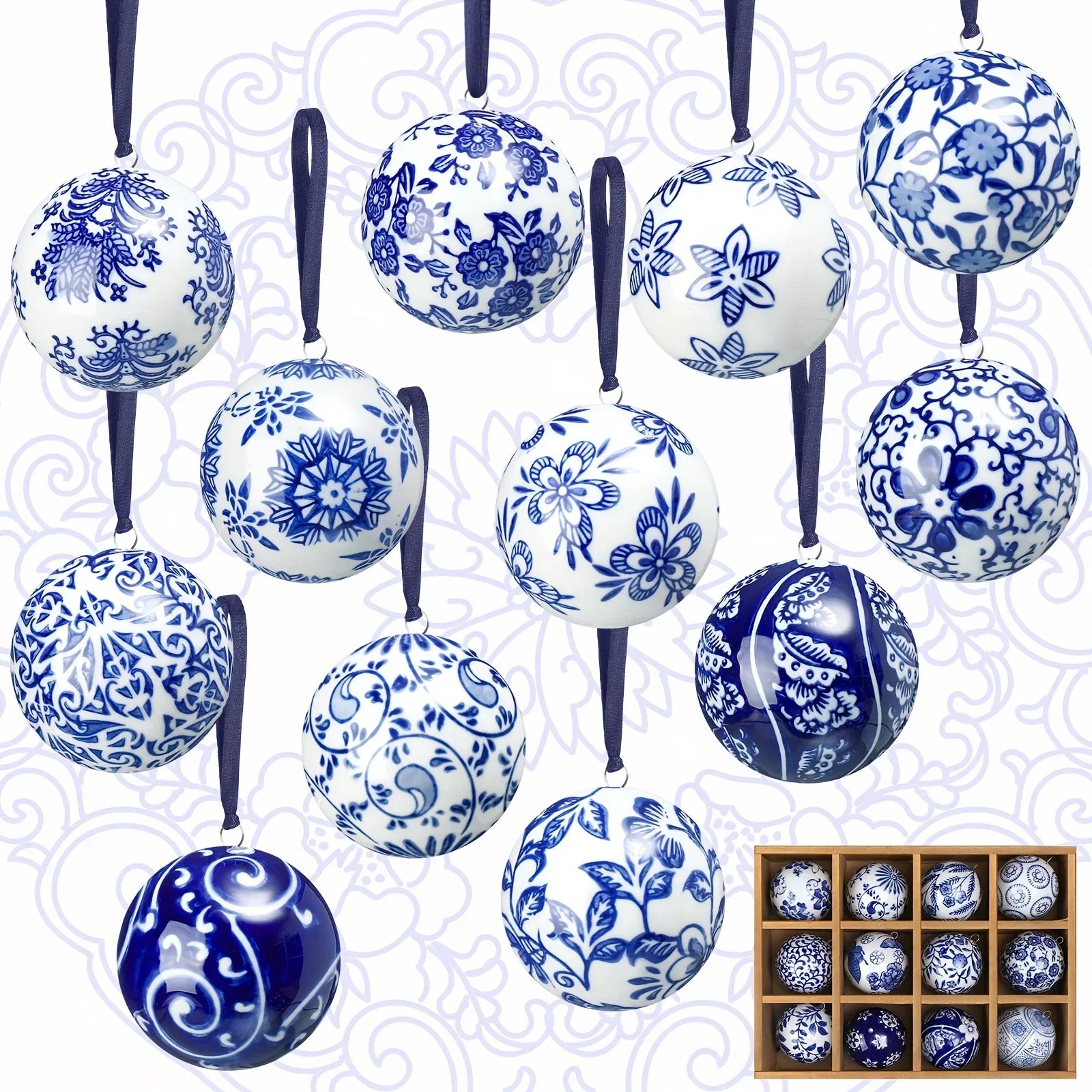 12 Christmas Ceramic Balls 2.4 Inch Blue and White Porcelain Chinese Style Decorations Wholesale Ceramic Hanging Decorative Ceramic Decorations Home Tree Decorative Christmas Party (Elegant Style), Seasonal Ornaments, Festive House Of Avana