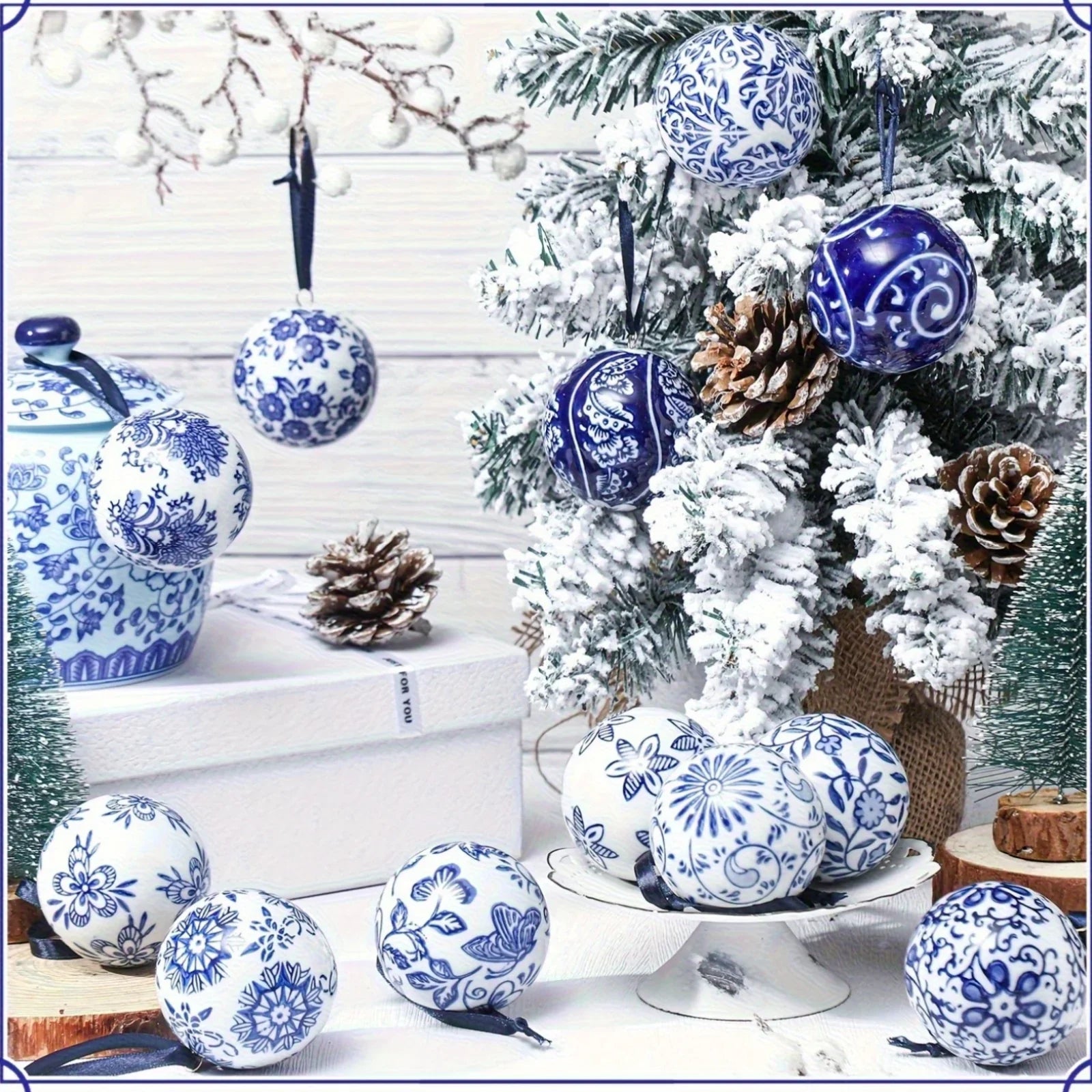 12 Christmas Ceramic Balls 2.4 Inch Blue and White Porcelain Chinese Style Decorations Wholesale Ceramic Hanging Decorative Ceramic Decorations Home Tree Decorative Christmas Party (Elegant Style), Seasonal Ornaments, Festive House Of Avana