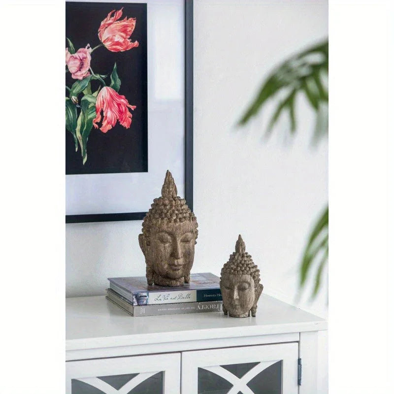 Set of 2, 4.5x4.3x8" Meditating Buddha Head Sculpture, Small House Of Avana