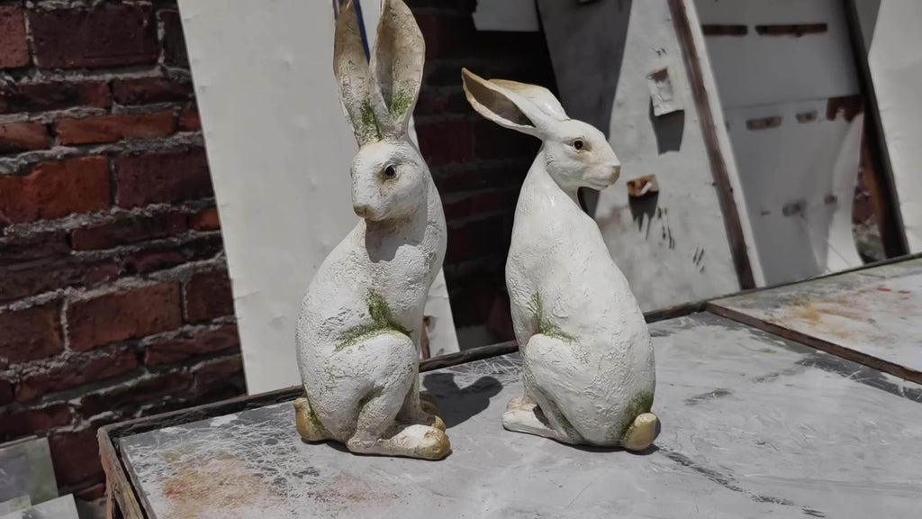 Set of 2 American-Style Long-Eared Rabbits with a Yellow And White Moss Design, Perfect for Spring And Summer. These Hand-Painted Resin Crafts Stand 12 Inches Tall And Make Great Decorative Gifts for Easter, Christmas, And Mo