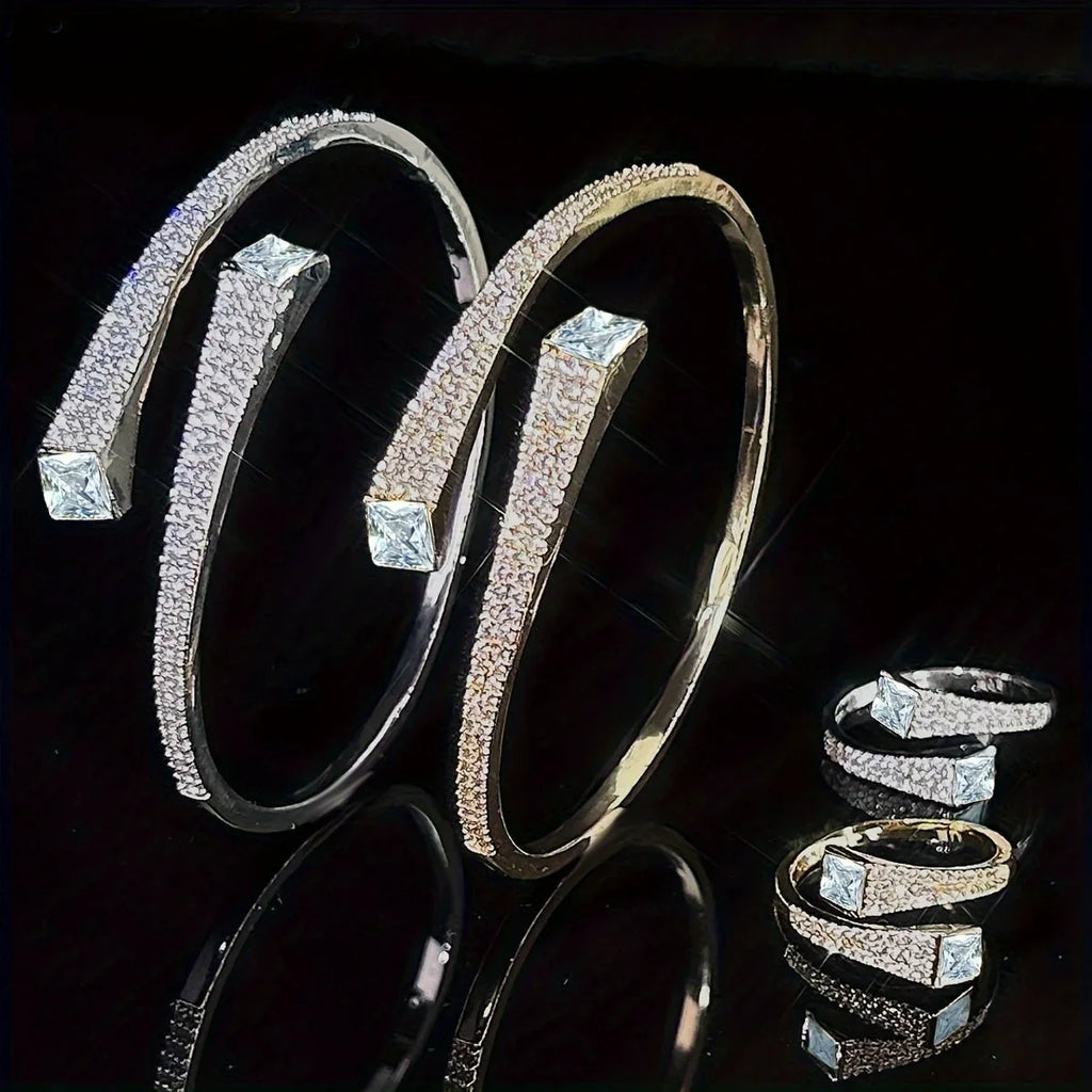Set Of 2 Bracelets + Rings Set. Hot Selling Explosive Style With Super Shiny Irregular Geometric Synthetic Zirconia. Niche Design, Fashionable, Simple And High-end Open Jewelry. House Of Avana