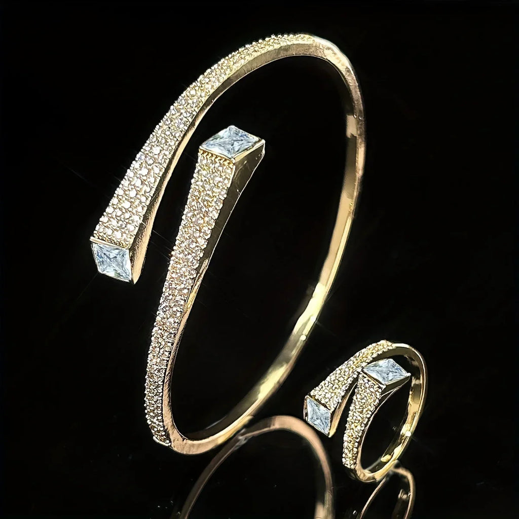 Set Of 2 Bracelets + Rings Set. Hot Selling Explosive Style With Super Shiny Irregular Geometric Synthetic Zirconia. Niche Design, Fashionable, Simple And High-end Open Jewelry. House Of Avana