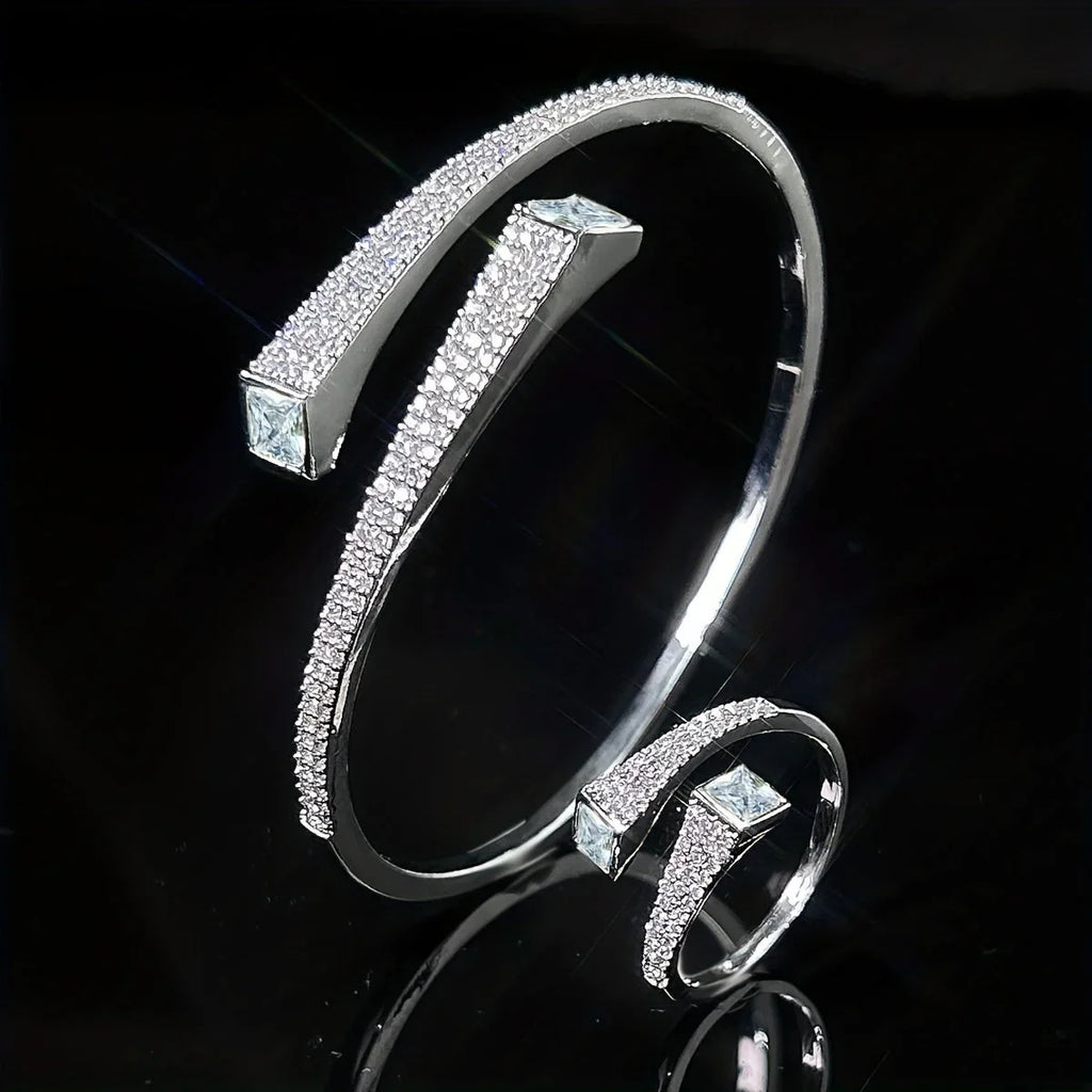 Set Of 2 Bracelets + Rings Set. Hot Selling Explosive Style With Super Shiny Irregular Geometric Synthetic Zirconia. Niche Design, Fashionable, Simple And High-end Open Jewelry. House Of Avana