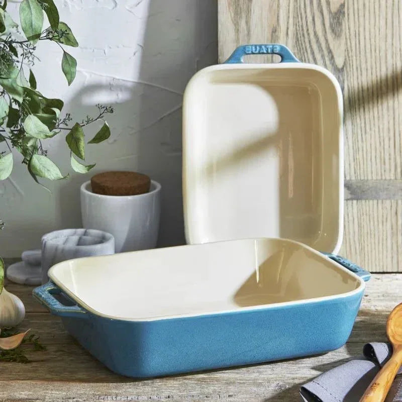 Set of 2 - Ceramic Stoneware Baking Dish Set in Blue Green Turquoise Ivory