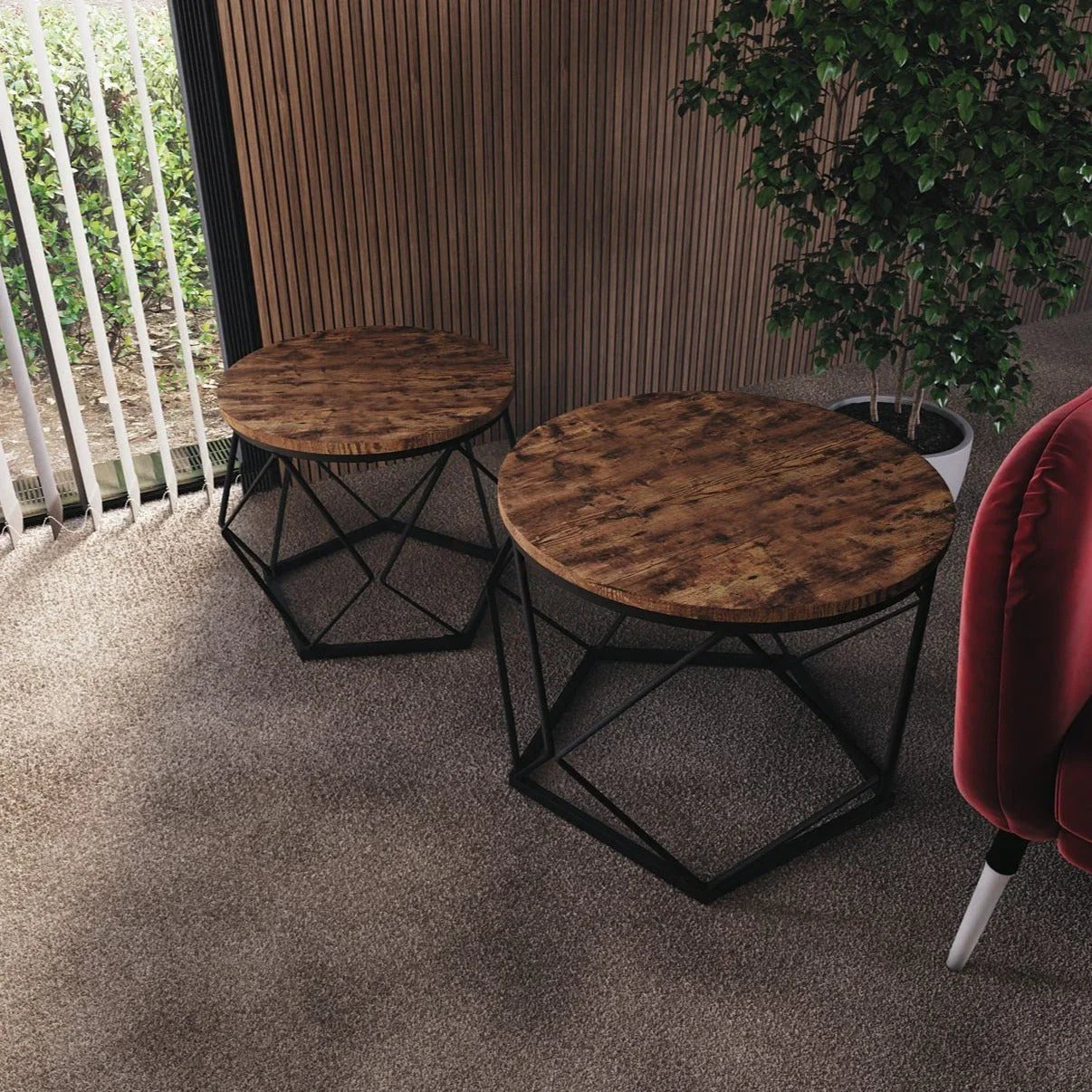 Set of 2 Geometric Nesting Coffee & Side Table, Industrial Style Nest of 2 Geometric Tables Coffee Sofa Side End Table Living Room Furniture, Dark Wood, Grey and Marble House Of Avana