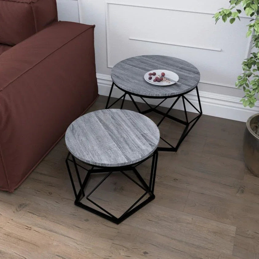 Set of 2 Geometric Nesting Coffee & Side Table, Industrial Style Nest of 2 Geometric Tables Coffee Sofa Side End Table Living Room Furniture, Dark Wood, Grey and Marble House Of Avana
