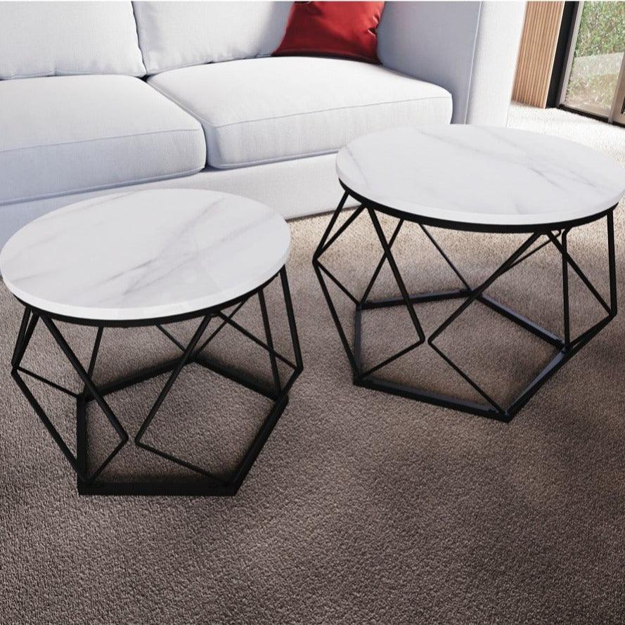 Set of 2 Geometric Nesting Coffee & Side Table, Industrial Style Nest of 2 Geometric Tables Coffee Sofa Side End Table Living Room Furniture, Dark Wood, Grey and Marble House Of Avana