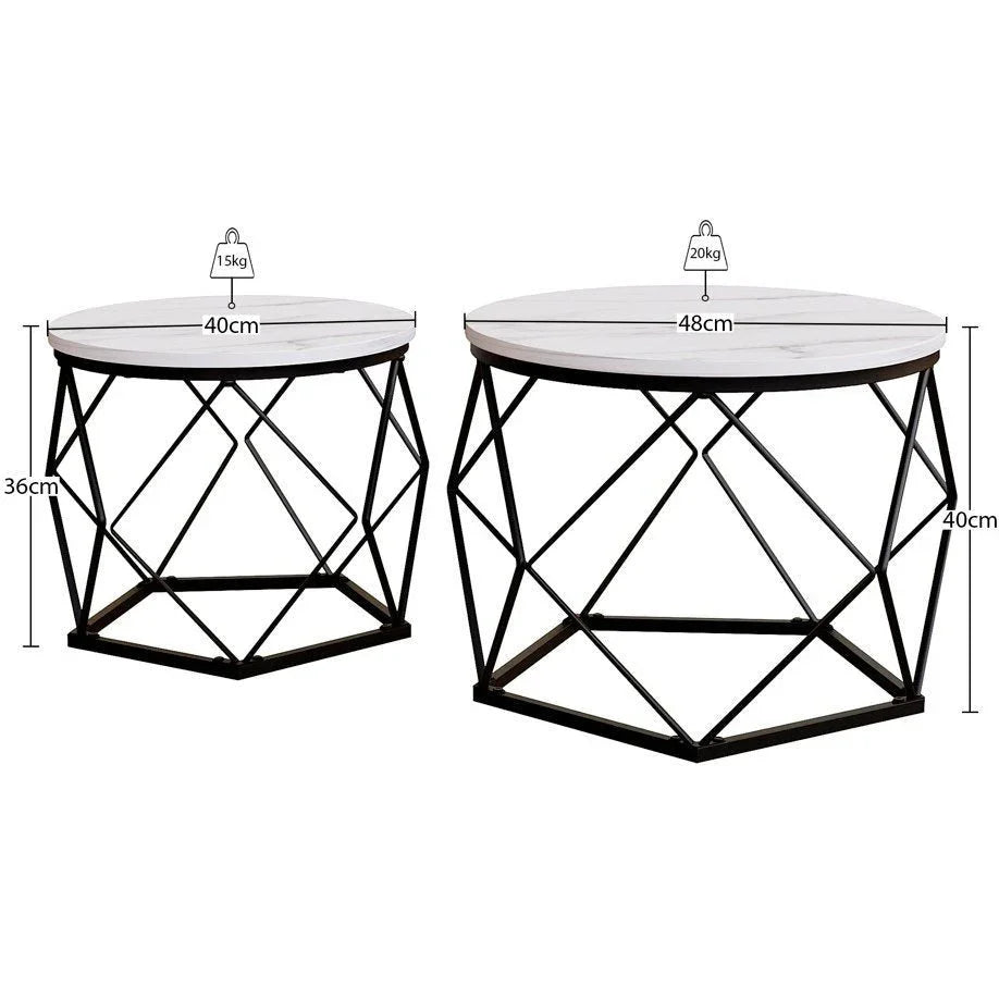 Set of 2 Geometric Nesting Coffee & Side Table, Industrial Style Nest of 2 Geometric Tables Coffee Sofa Side End Table Living Room Furniture, Dark Wood, Grey and Marble House Of Avana