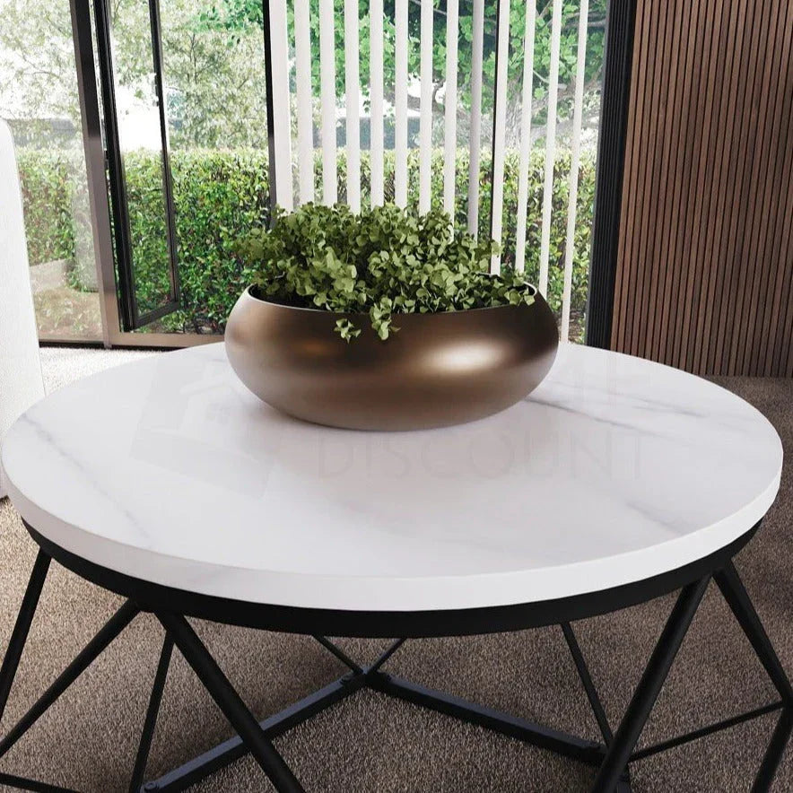 Set of 2 Geometric Nesting Coffee & Side Table, Industrial Style Nest of 2 Geometric Tables Coffee Sofa Side End Table Living Room Furniture, Dark Wood, Grey and Marble House Of Avana