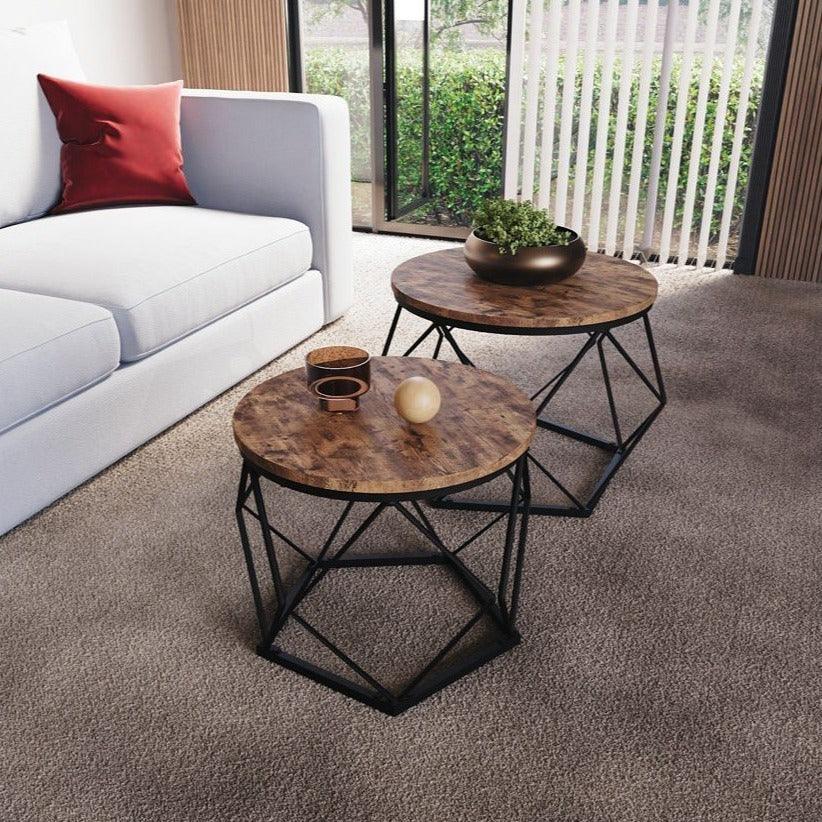 Set of 2 Geometric Nesting Coffee & Side Table, Industrial Style Nest of 2 Geometric Tables Coffee Sofa Side End Table Living Room Furniture, Dark Wood, Grey and Marble House Of Avana