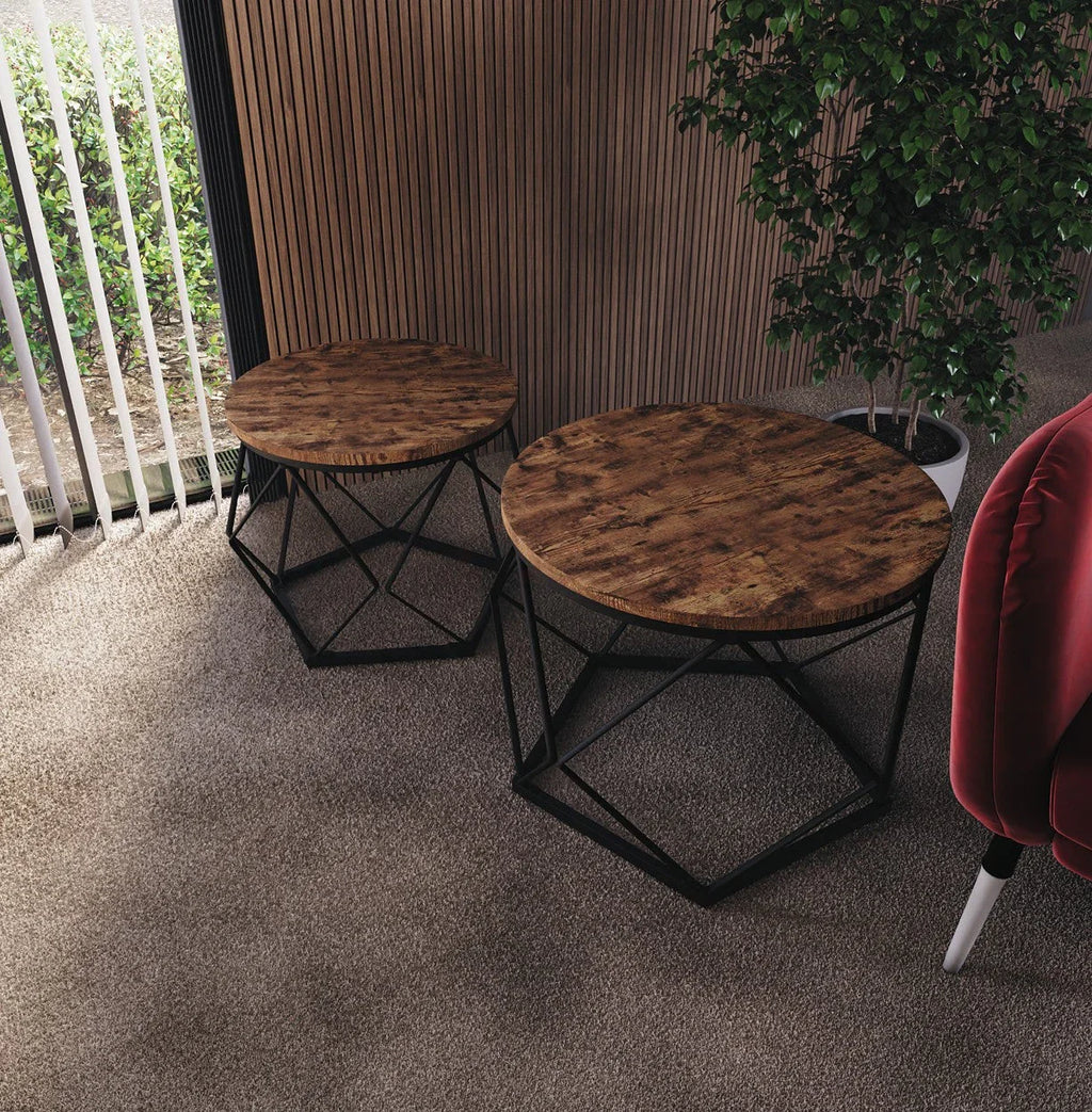 Set of 2 Geometric Nesting Coffee & Side Table, Industrial Style Nest of 2 Geometric Tables Coffee Sofa Side End Table Living Room Furniture, Dark Wood, Grey and Marble House Of Avana