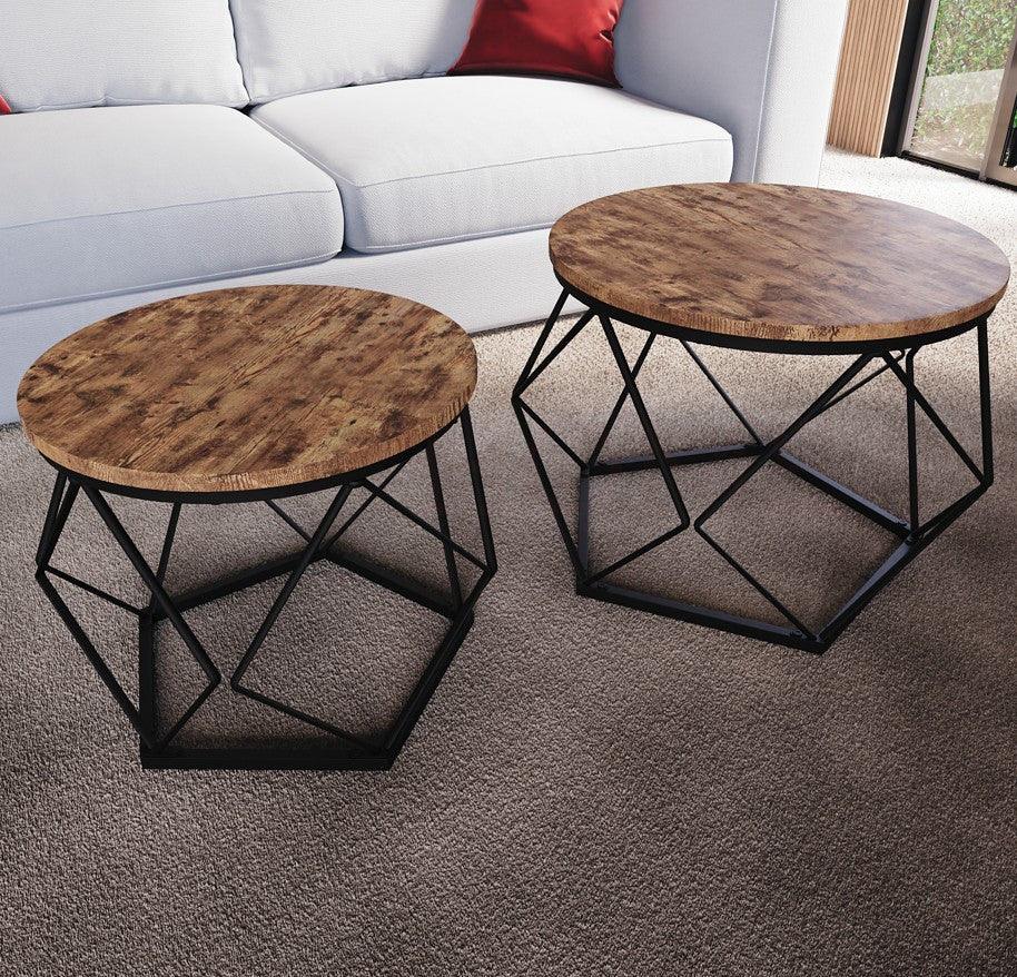 Set of 2 Geometric Nesting Coffee & Side Table, Industrial Style Nest of 2 Geometric Tables Coffee Sofa Side End Table Living Room Furniture, Dark Wood, Grey and Marble House Of Avana