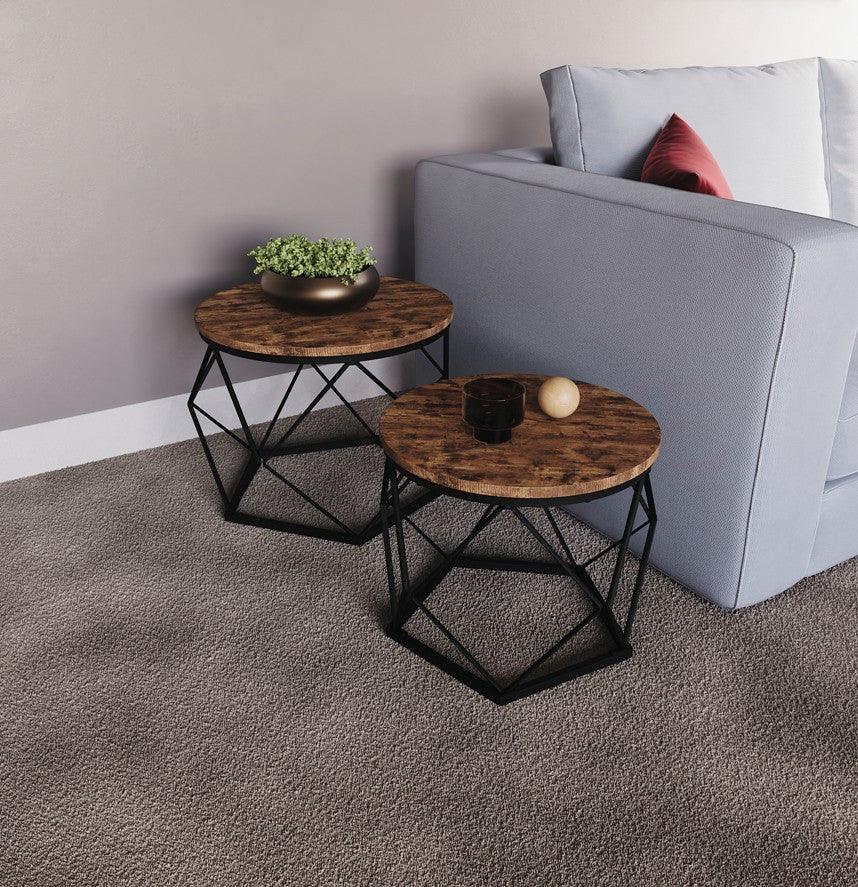 Set of 2 Geometric Nesting Coffee & Side Table, Industrial Style Nest of 2 Geometric Tables Coffee Sofa Side End Table Living Room Furniture, Dark Wood, Grey and Marble House Of Avana