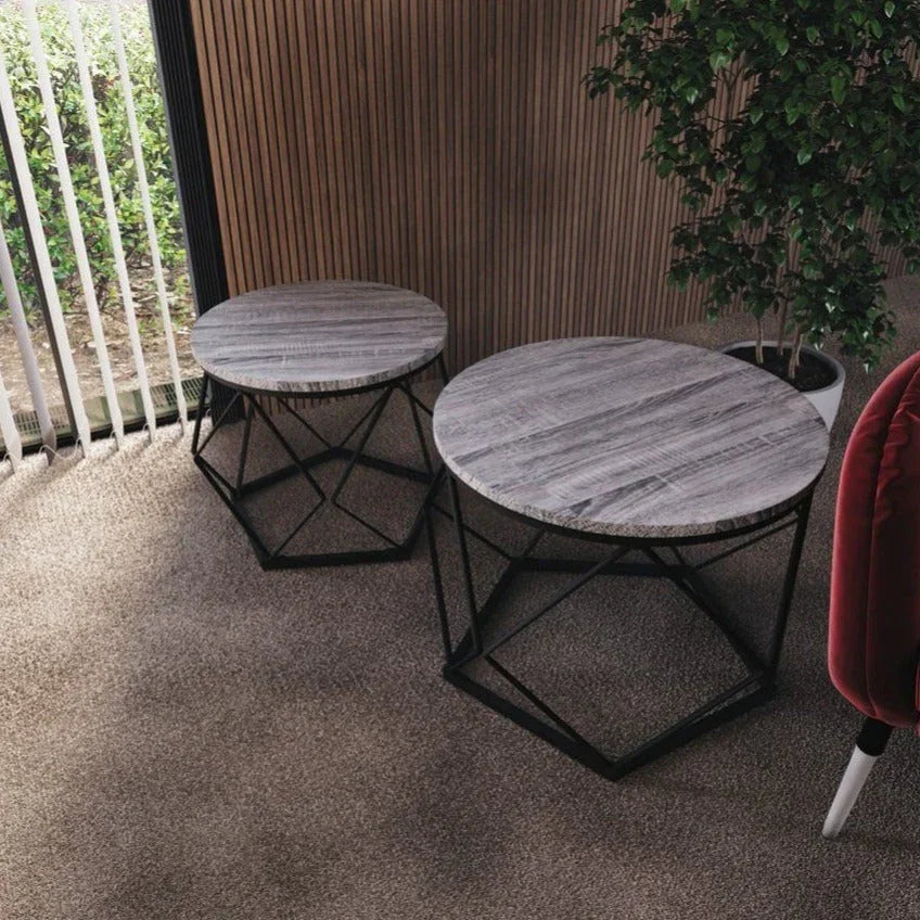 Set of 2 Geometric Nesting Coffee & Side Table, Industrial Style Nest of 2 Geometric Tables Coffee Sofa Side End Table Living Room Furniture, Dark Wood, Grey and Marble House Of Avana
