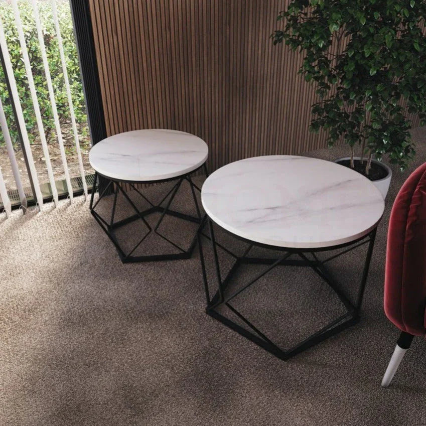 Set of 2 Geometric Nesting Coffee & Side Table, Industrial Style Nest of 2 Geometric Tables Coffee Sofa Side End Table Living Room Furniture, Dark Wood, Grey and Marble House Of Avana