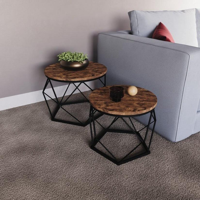 Set of 2 Geometric Nesting Coffee & Side Table, Industrial Style Nest of 2 Geometric Tables Coffee Sofa Side End Table Living Room Furniture, Dark Wood, Grey and Marble House Of Avana