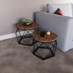 Set of 2 Geometric Nesting Coffee & Side Table, Industrial Style Nest of 2 Geometric Tables Coffee Sofa Side End Table Living Room Furniture, Dark Wood, Grey and Marble House Of Avana