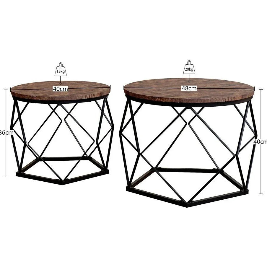 Set of 2 Geometric Nesting Coffee & Side Table, Industrial Style Nest of 2 Geometric Tables Coffee Sofa Side End Table Living Room Furniture, Dark Wood, Grey and Marble House Of Avana