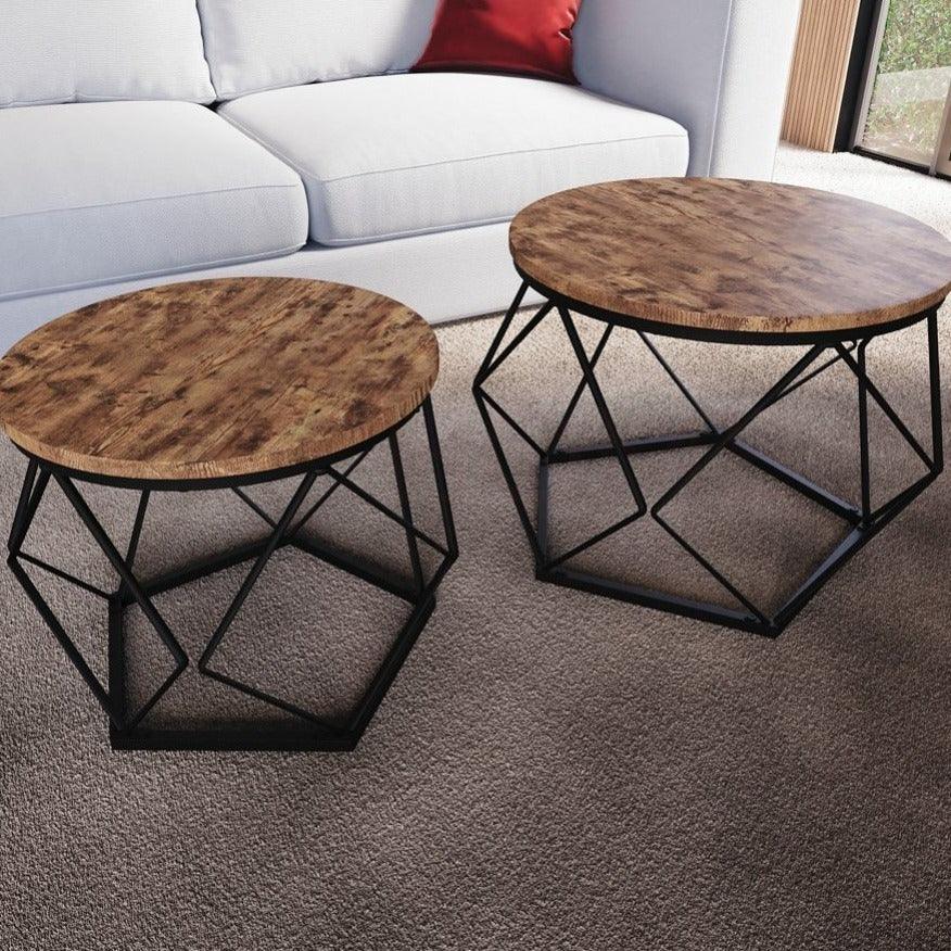 Set of 2 Geometric Nesting Coffee & Side Table, Industrial Style Nest of 2 Geometric Tables Coffee Sofa Side End Table Living Room Furniture, Dark Wood, Grey and Marble House Of Avana