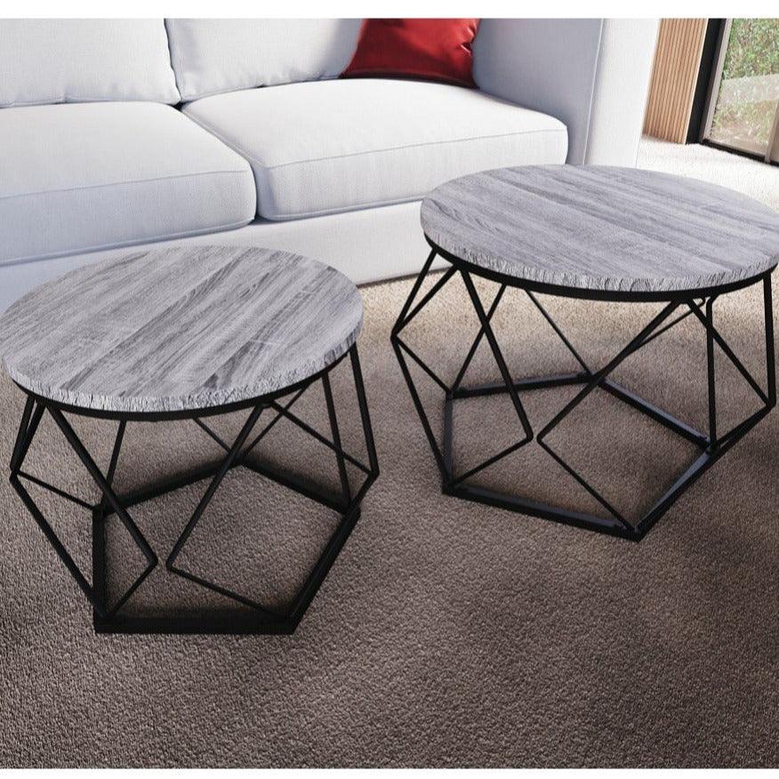 Set of 2 Geometric Nesting Coffee & Side Table, Industrial Style Nest of 2 Geometric Tables Coffee Sofa Side End Table Living Room Furniture, Dark Wood, Grey and Marble House Of Avana