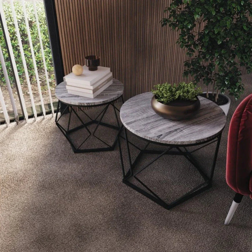 Set of 2 Geometric Nesting Coffee & Side Table, Industrial Style Nest of 2 Geometric Tables Coffee Sofa Side End Table Living Room Furniture, Dark Wood, Grey and Marble House Of Avana