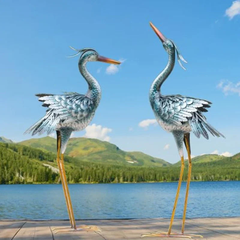 Set of 2 Large Metal Garden Crane Statues - Vintage Outdoor/Indoor Heron Bird Sculptures with Elegant & Golden Design, Sturdy Legs & Ornate Beak - Wedding & Garden Decor, Durable Metal Construction for Patio, Lawn House Of Avana