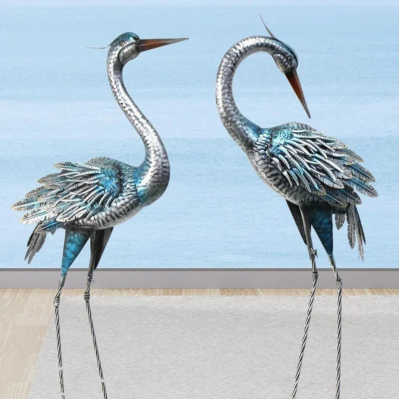 Set of 2 Large Metal-Like Blue Heron & Crane Statues - Vintage Outdoor/ Garden Decor, Wedding & Pond Sculptures with Stakes, Self-Standing U-Base, Durable Heron Bird Statues for Lawn,, Lake (Realistic Flying Crane Pair) House Of Avana