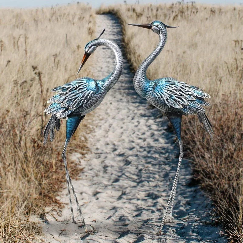 Set of 2 Large Metal-Like Blue Heron & Crane Statues - Vintage Outdoor/ Garden Decor, Wedding & Pond Sculptures with Stakes, Self-Standing U-Base, Durable Heron Bird Statues for Lawn,, Lake (Realistic Flying Crane Pair) House Of Avana