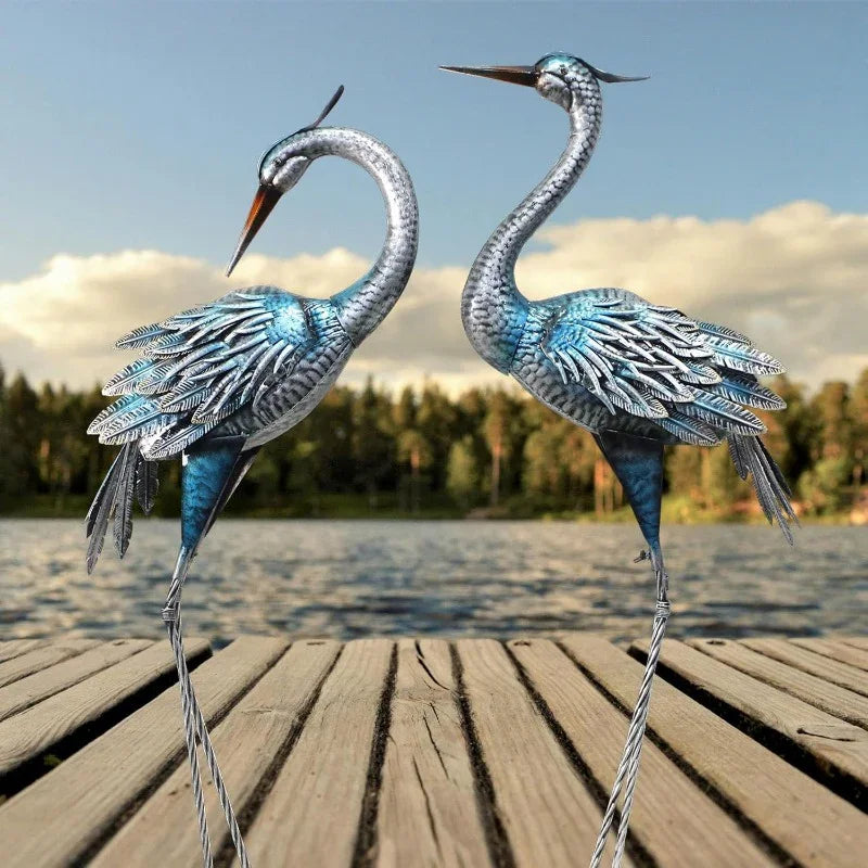 Set of 2 Large Metal-Like Blue Heron & Crane Statues - Vintage Outdoor/ Garden Decor, Wedding & Pond Sculptures with Stakes, Self-Standing U-Base, Durable Heron Bird Statues for Lawn,, Lake (Realistic Flying Crane Pair) House Of Avana