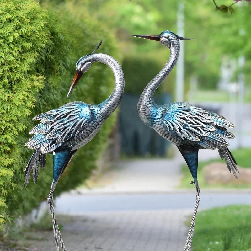 Set of 2 Large Metal-Like Blue Heron & Crane Statues - Vintage Outdoor/ Garden Decor, Wedding & Pond Sculptures with Stakes, Self-Standing U-Base, Durable Heron Bird Statues for Lawn,, Lake (Realistic Flying Crane Pair) House Of Avana