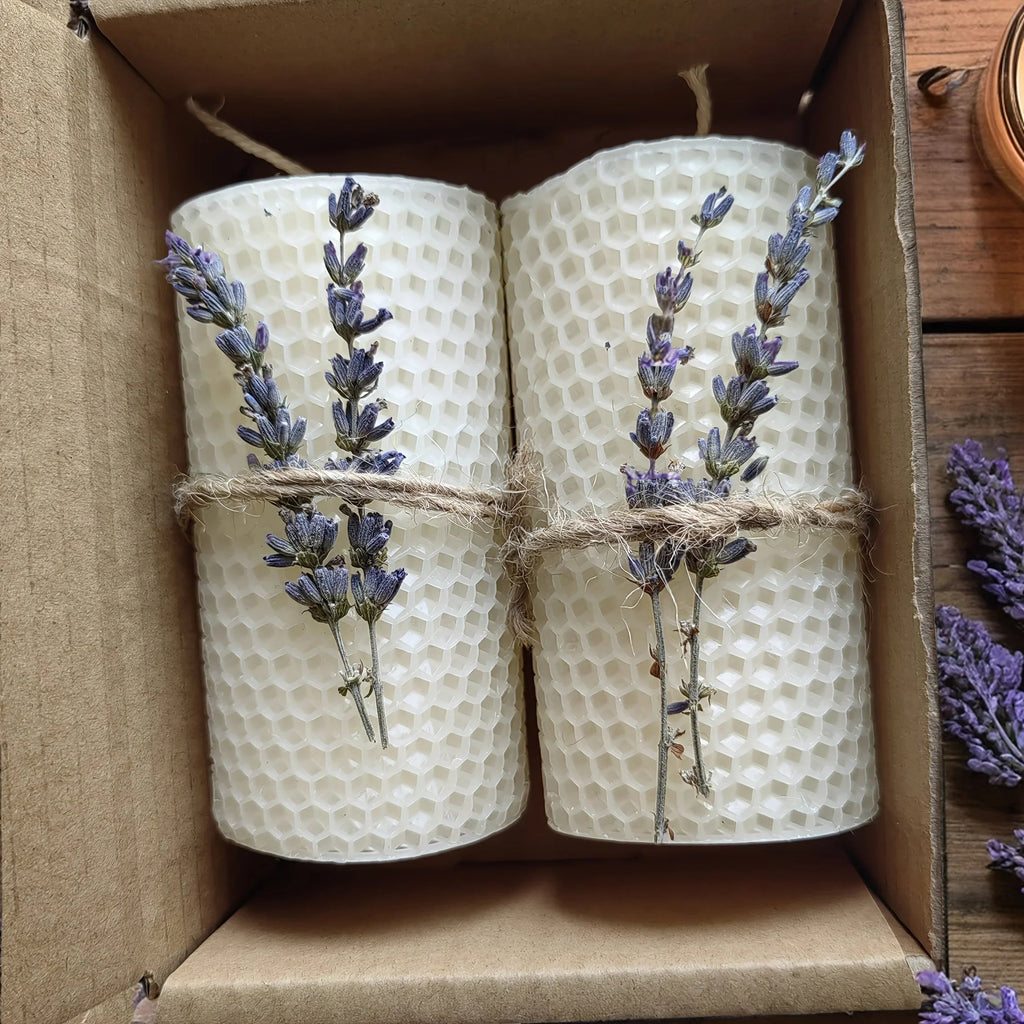 Set of 2 Lavender Scented Beeswax Candles - Perfect Gift Box for Couples, Seasonal Events, Spiritual Use, Home Decoration, Holiday Present | Romantic Gift Box | Fragrant Candle House Of Avana [[SKU:HOA-CAN-407]]