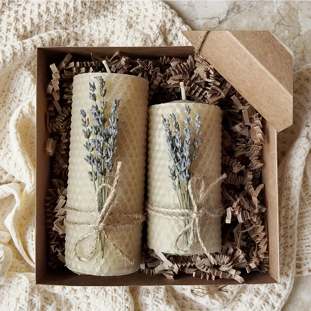 Set of 2 Lavender Scented Beeswax Candles - Perfect Gift Box for Couples, Seasonal Events, Spiritual Use, Home Decoration, Holiday Present | Romantic Gift Box | Fragrant Candle House Of Avana [[SKU:HOA-CAN-407]]