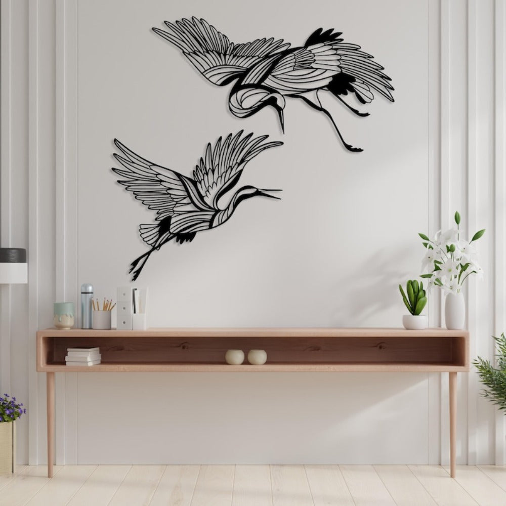 Set of 2 Metal Crane Wall Art - & Flying Birds Decor, Elegant Metal Crane Sculptures for Living Room, Home Office, Wedding, Funeral - Indoor Hanging Decoration - Perfect Gift for Bird Lovers, Housewarming, Christmas, Valentin House Of Avana