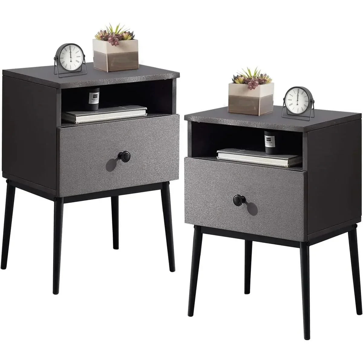 Set of 2 - Mid Century Modern Side Table Nightstand in Grey Black Wood Finish