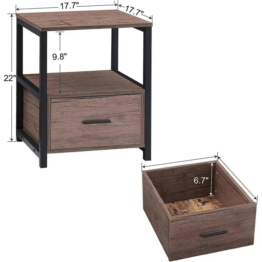 Set of 2 - Modern Metal Wood Side End Table Nightstand with Storage Drawer