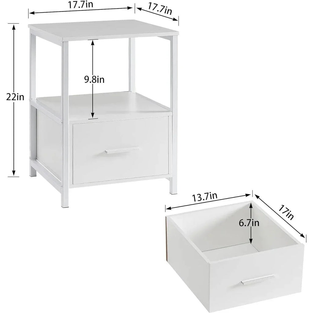 Set of 2 - Modern White Metal Wood Side End Table Nightstand with Storage Drawer
