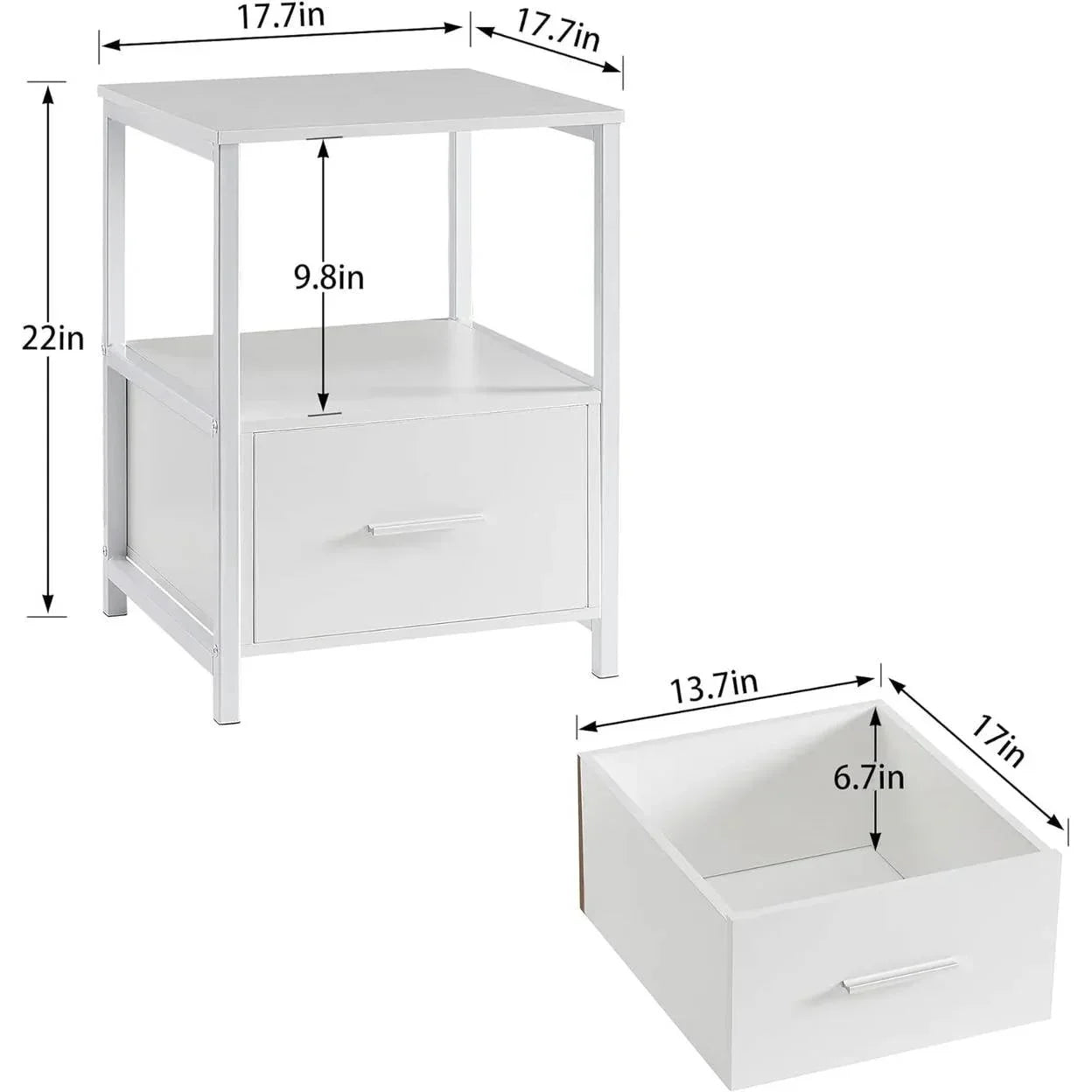Set of 2 - Modern White Metal Wood Side End Table Nightstand with Storage Drawer