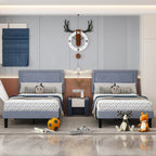 Set of 2 - Twin size Grey Upholstered Platform Bed Frame with Headboard