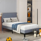 Set of 2 - Twin size Grey Upholstered Platform Bed Frame with Headboard