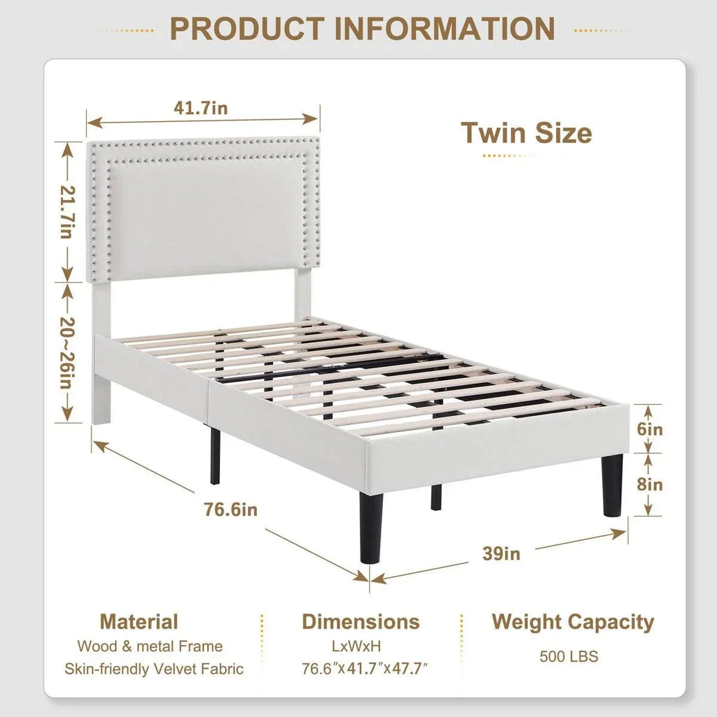 Set of 2 - Twin size White Tufted Upholstered Platform Bed Frame with Headboard