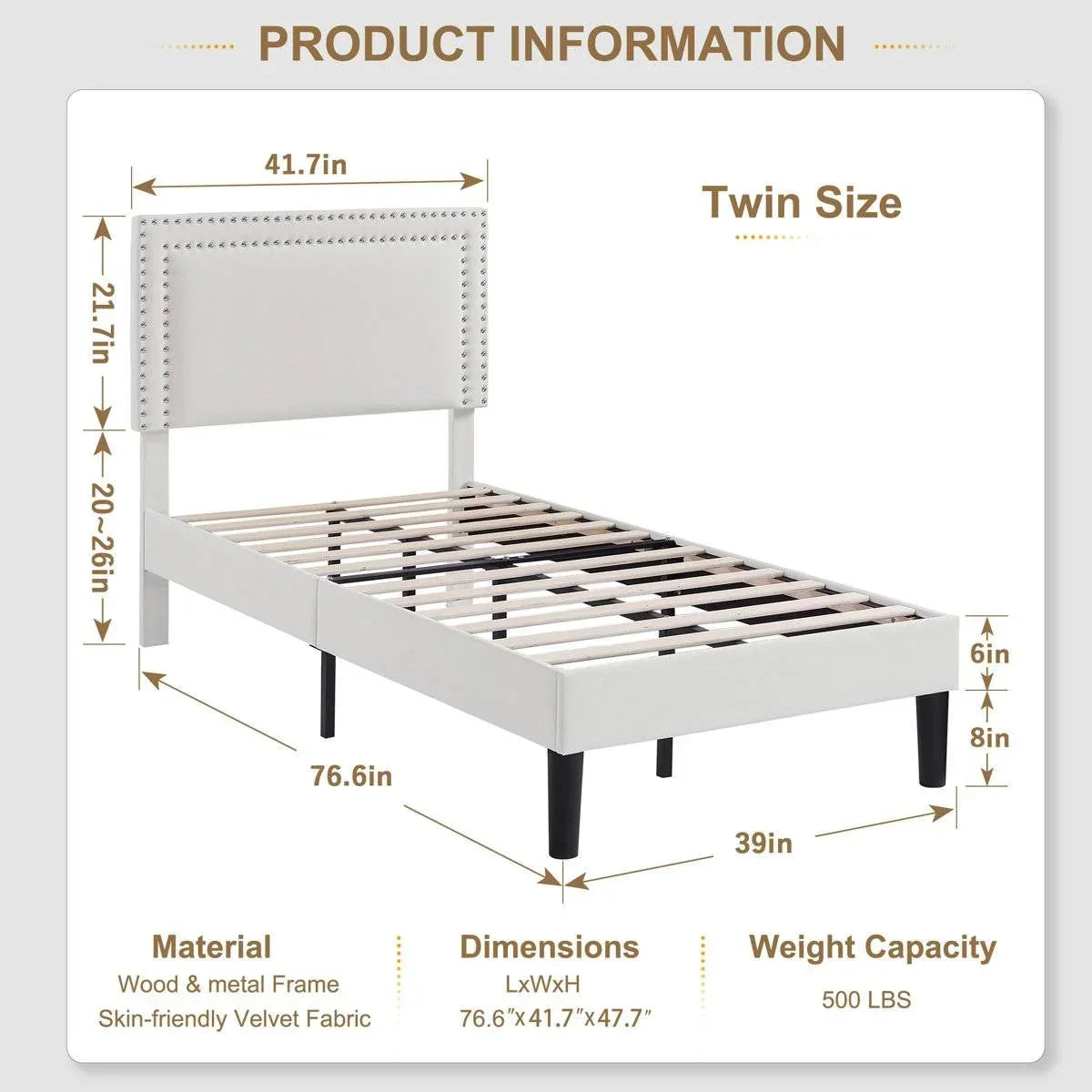 Set of 2 - Twin size White Tufted Upholstered Platform Bed Frame with Headboard