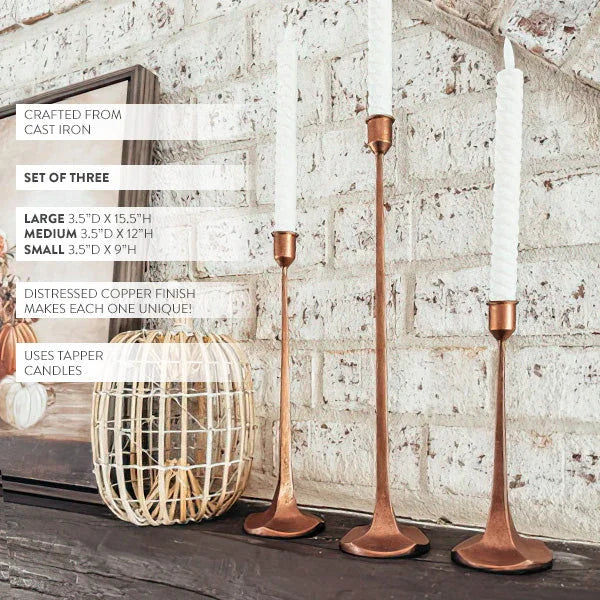 Copper Finish Cast Iron Taper Candle Holders, Set of Three Decor Steals