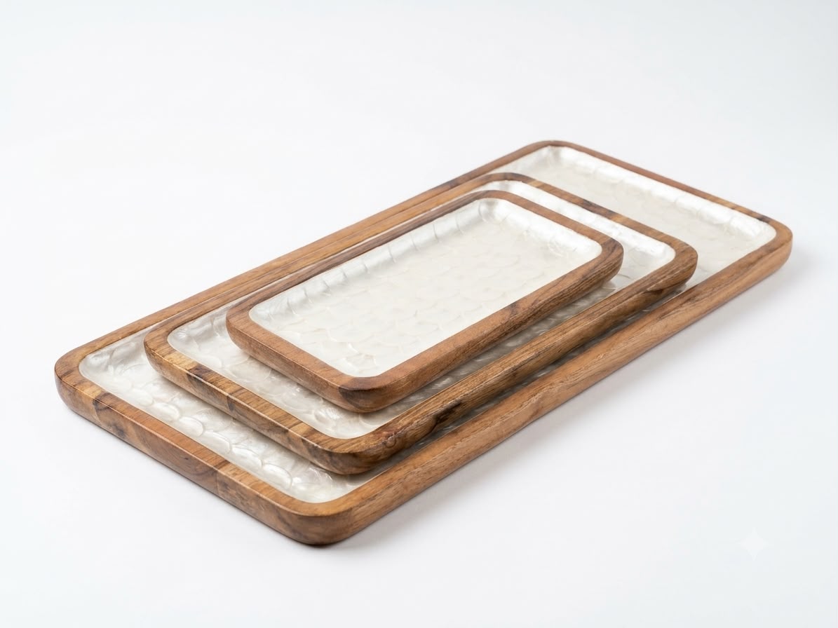 Set of 3 Large Mango Wood Nesting Serving Trays in Pearl White, handcrafted in Moradabad, India