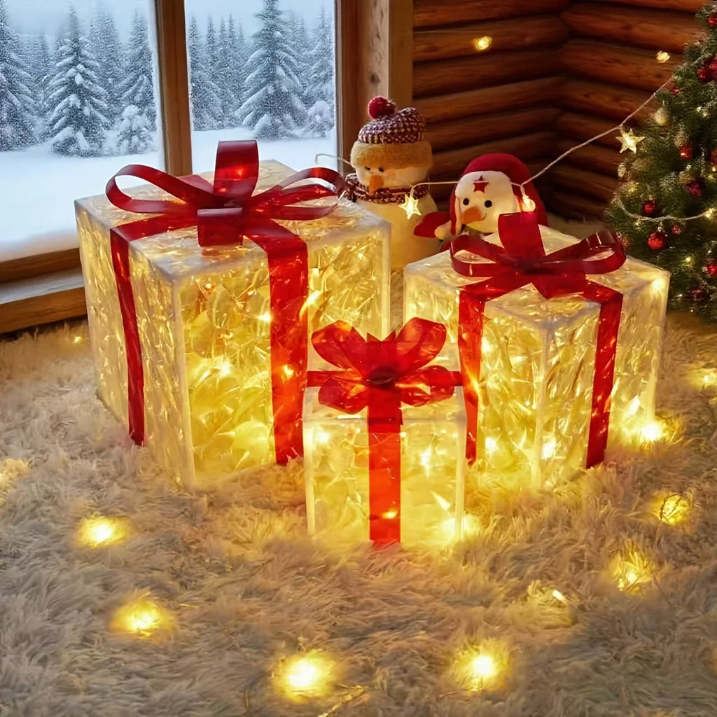 3pcs Set of Lighted Christmas Gift Boxes in Various Sizes - Festive Decor with Ribbon, Battery-Powered, Warm Glow, Suitable for Indoor/Outdoor Use, Perfect for Christmas Trees, Yards, and Home Decor House Of Avana