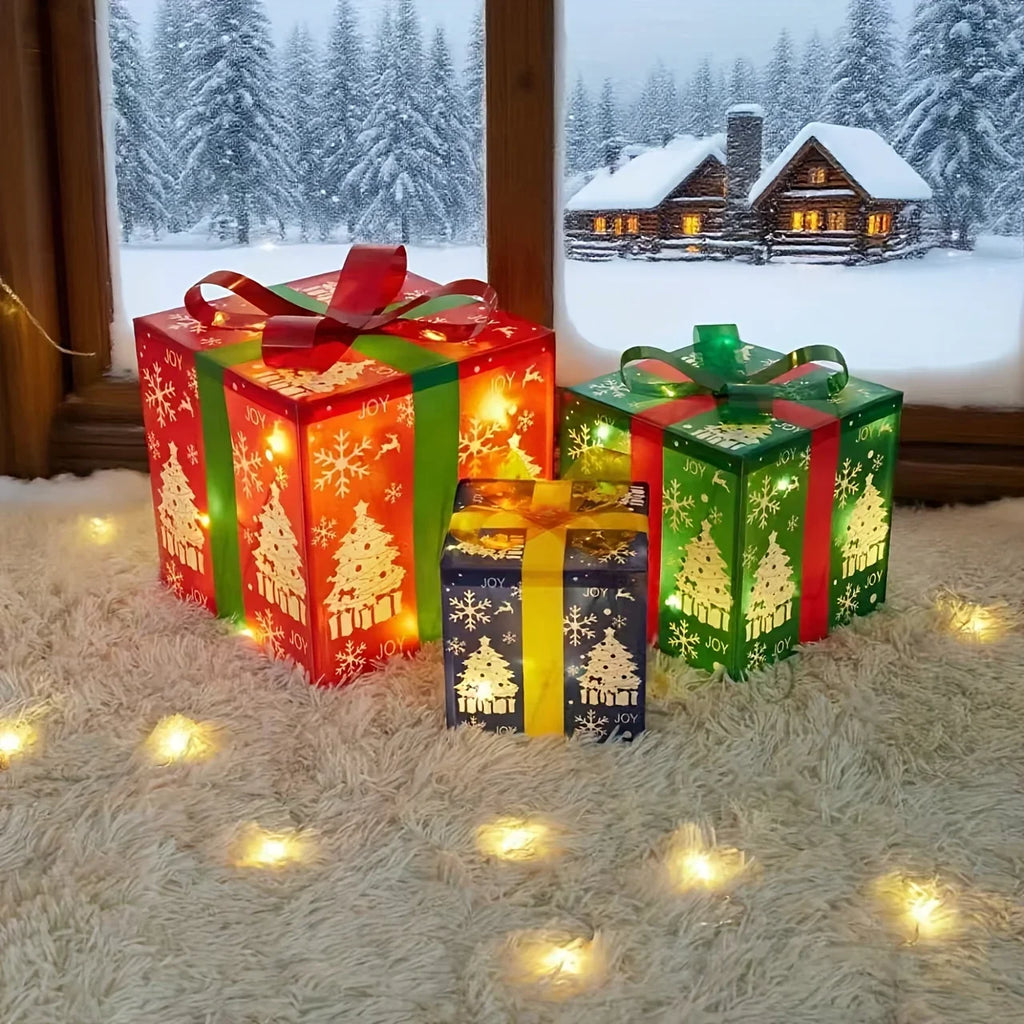 3pcs Set of Lighted Christmas Gift Boxes in Various Sizes - Festive Decor with Ribbon, Battery-Powered, Warm Glow, Suitable for Indoor/Outdoor Use, Perfect for Christmas Trees, Yards, and Home Decor House Of Avana