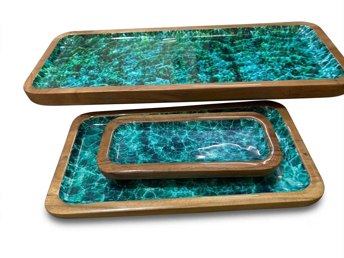 Set of 3 Medium Mango Wood Nesting Serving Trays in Emerald Crackle, handcrafted in Moradabad, India