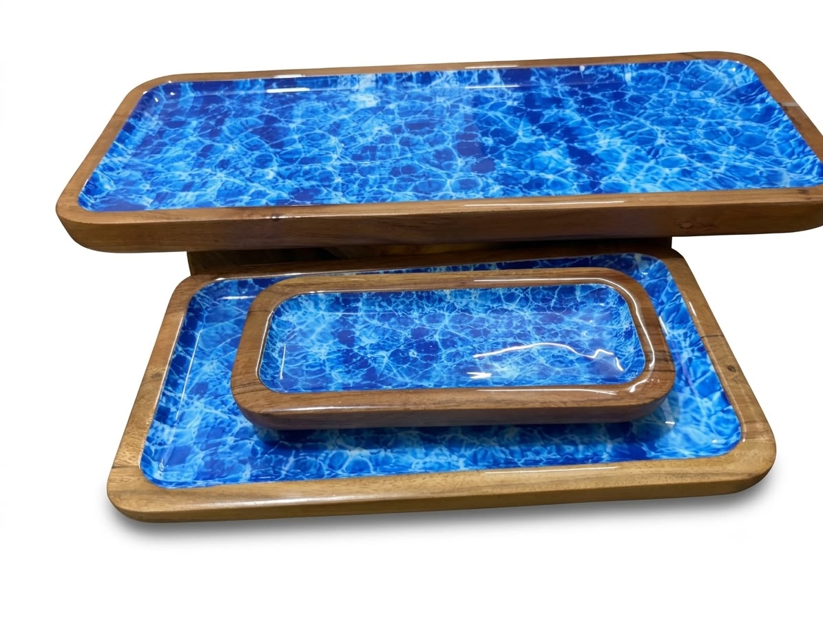 Set of 3 Medium Mango Wood Nesting Serving Trays in Ocean Blue Crackle, handcrafted in Moradabad, India
