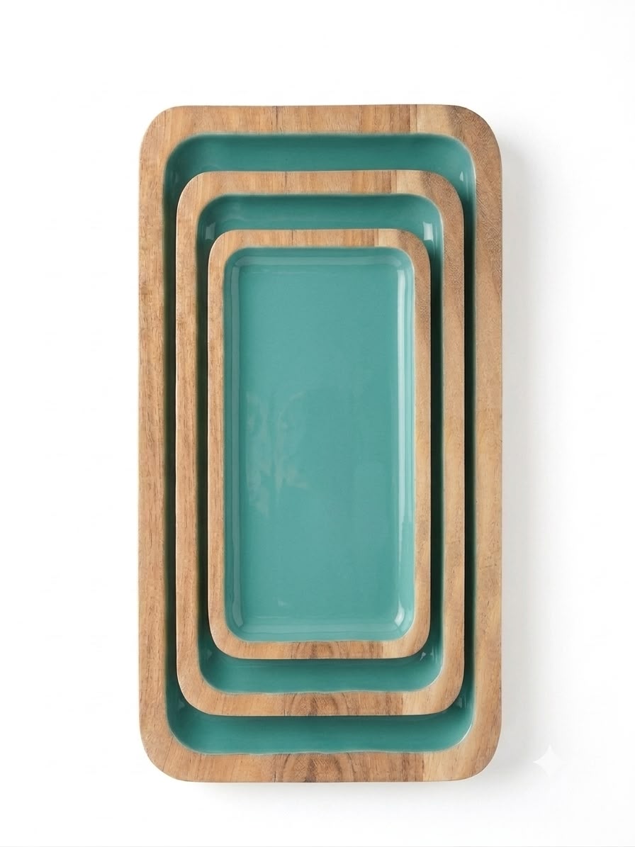 Set of 3 Medium Mango Wood Nesting Serving Trays in Sea Green, handcrafted in Moradabad, India