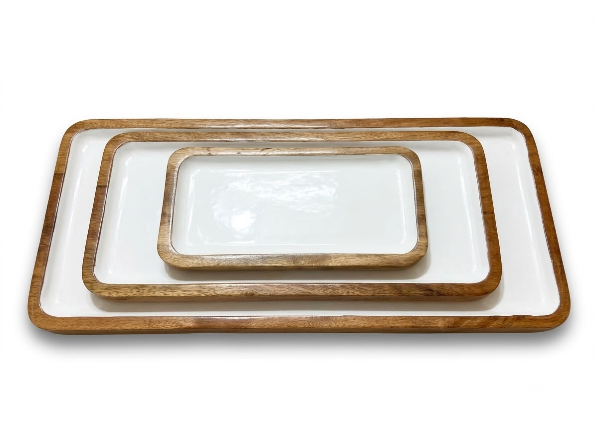 Set of 3 Medium Mango Wood Nesting Serving Trays in White, handcrafted in Moradabad, India